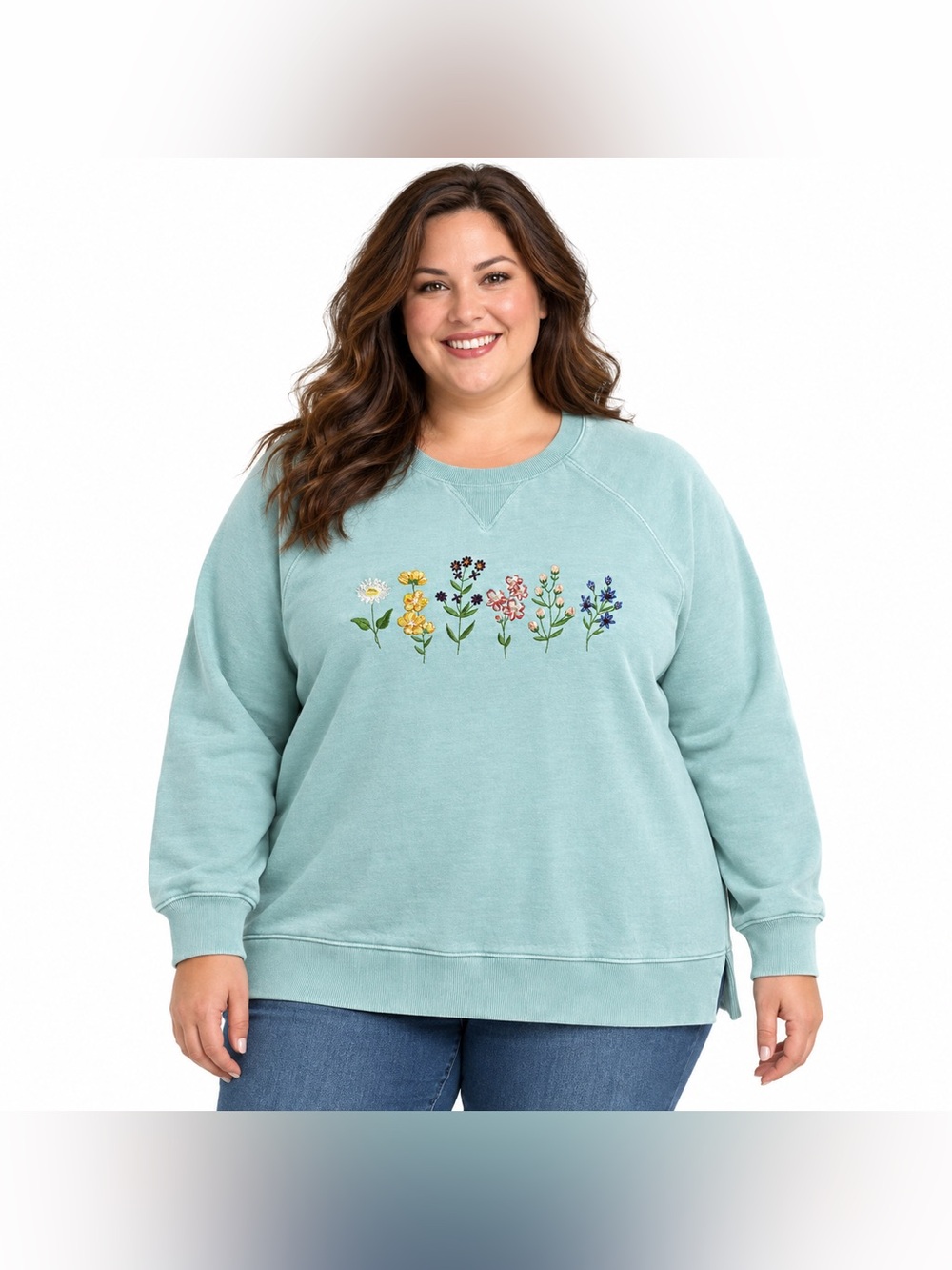 Coldwater Creek Aqua Embroidered Wildflower Sweatshirt Plus Size 2X